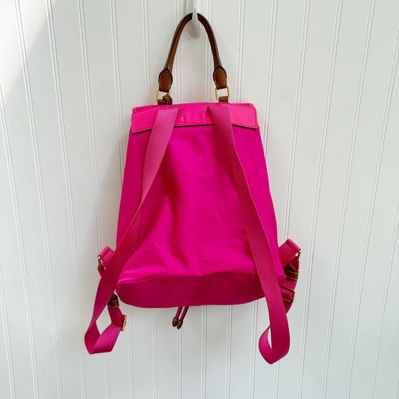 Tory Burch Perry Nylon Flap Backpack Bright Pink Fuchsia Leather Trim Bag - Picture 15 of 16